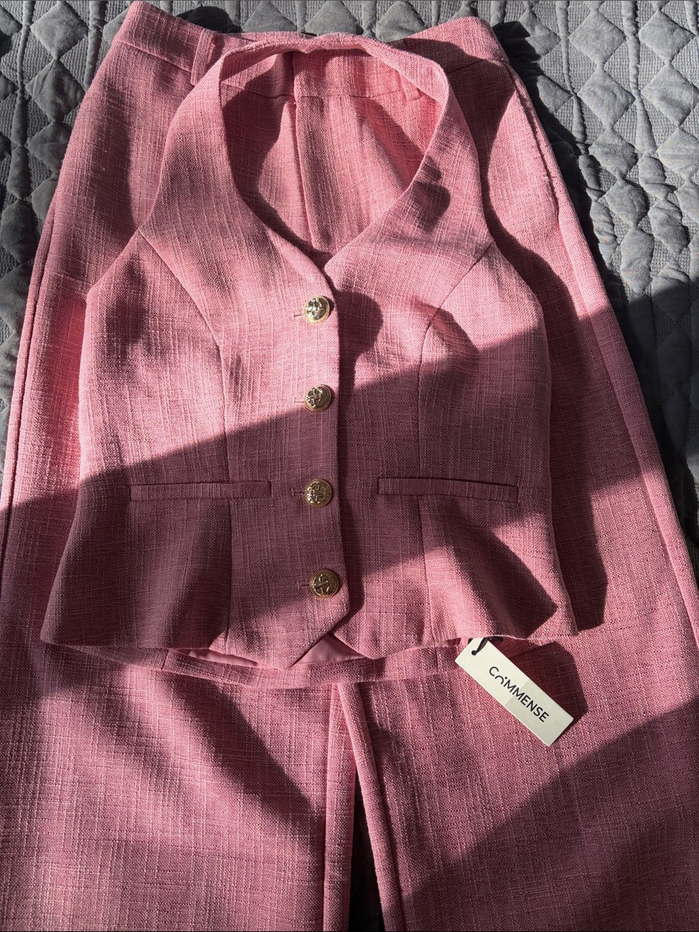 Commense Pink Tweed Vest & Pants Set